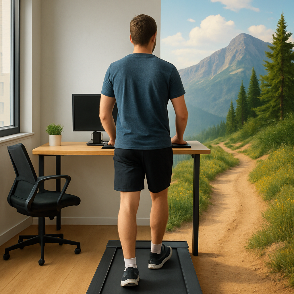 Man walking on walking pad.